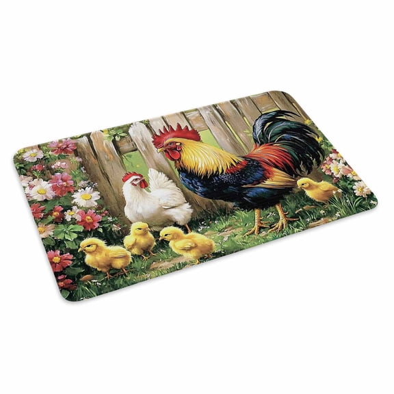 Retro Rooster Doormat Outdoor Entrance 24"x36", Farmhouse Animals Watercolor Floral Absorb Moisture Dirt Door Mats, Non-Slip Rubber Backing Floor Mats Indoor, Low-Profile Front Door Rugs