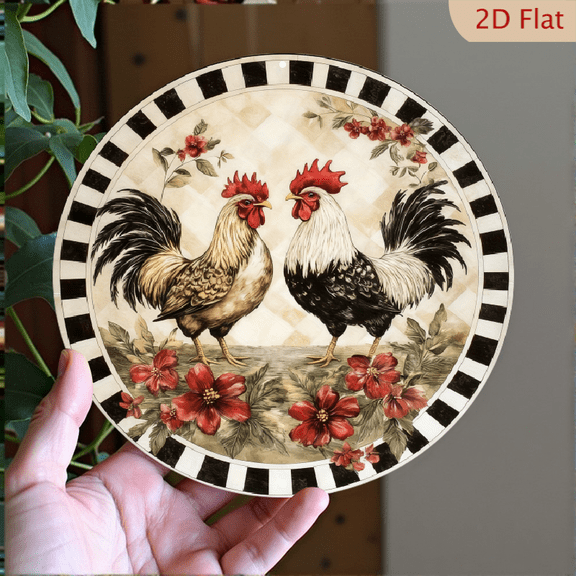Retro Rooster Flower Decor, 8" Round Aluminum Wall Art Sign, Metal Signs, Wall Decor For Kitchen, Door, Office, Coffee, Bedroom Decor, Best Gifts For Room, Home, Bathroom Decor, Weird Decor, 2D Flat