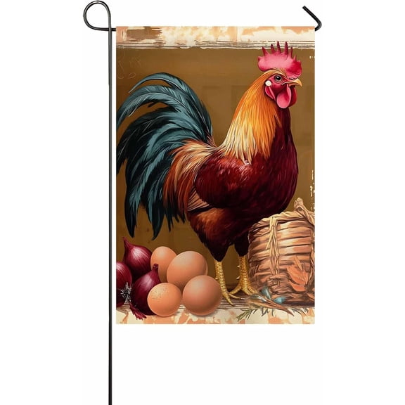Retro Rooster Garden Flag, Double Sided Vertical Yard Banner, Watercolor Pastoral Animals Botanical Design, 12 x 18 Inch, Outdoor Seasonal Dcor