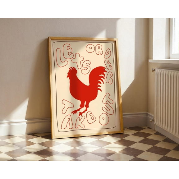 Retro Rooster Kitchen Art Poster, Let'S Order Takeout Poster, Unframed Poster Size 24x36