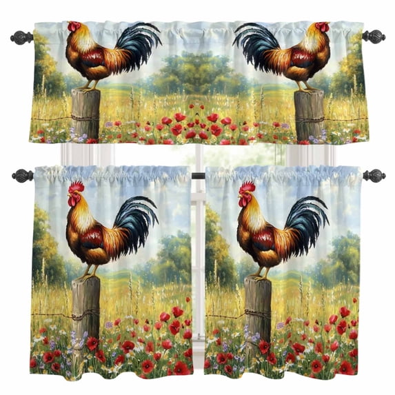 Retro Rooster Kitchen Curtains Sets for Windows 36 Inch Length, Spring Floral Watercolor Animals Rod Pocket Window Treatments Tier Curtains and Valances Set for Bedroom/Bathroom