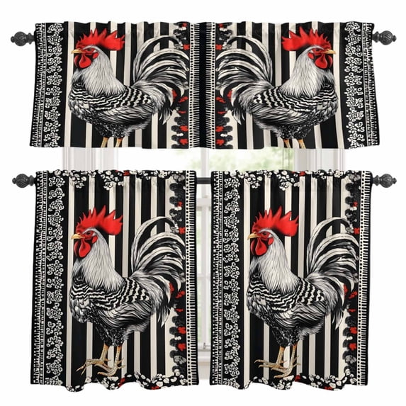 Retro Rooster Kitchen Curtains Valances and Tiers Set of 3 Farmhouse Vintage Animal Black White Stripes Country Tier Curtains and Valance with Rod Pocket for Small Windows, 27.5"x24"