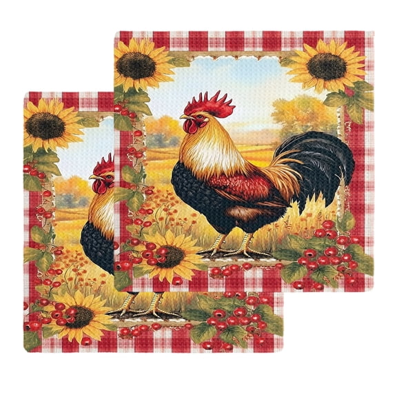 Retro Rooster Kitchen Dish Towels for Drying Dishes Set of 2, Yellow Sunflower Red Plaid Farmhouse Waffle Weave Microfiber Hand Tea Bathroom Towels Quick Dry & Absorbent Towel 12x12