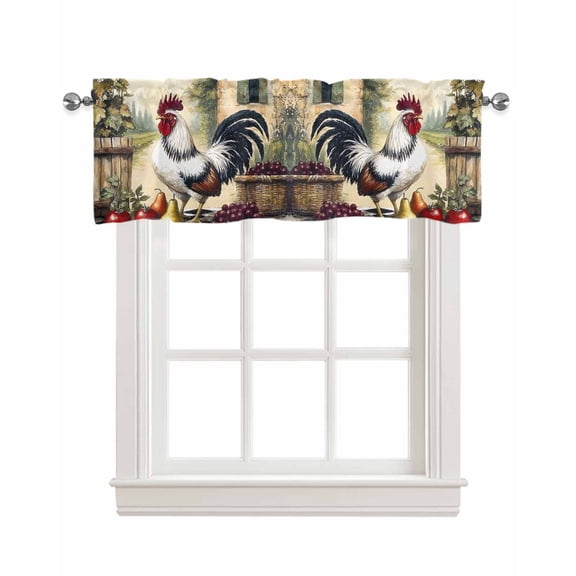 Retro Rooster Kitchen Valances for Windows Farmhouse Linen Window Valance Curtain for Living Room Window Treatment Pastoral Animals Plaid Valance Rod Pocket Topper Drape, 42 x 12 Inch