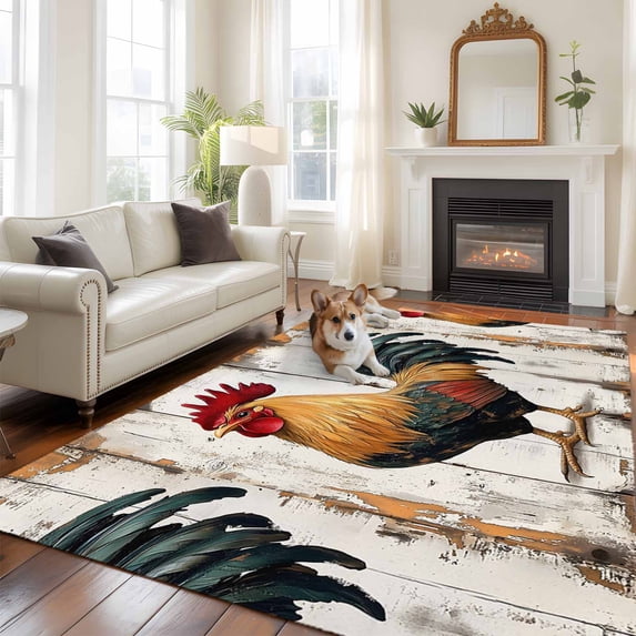Retro Rooster Large Area Rugs 5x8 ft Watercolor Wooden Grain Washable Rug Non Slip Indoor Carpet Absorbent Floor Mat for Living Room Bedroom Dining Room