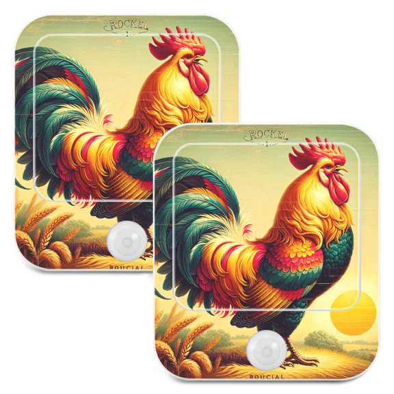 Retro Rooster Night Lights Plug into Wall LED with Auto Light Sensor Warm Light for Kids Hallway Bedroom Living Room Kitchen Bathroom Set of 2
