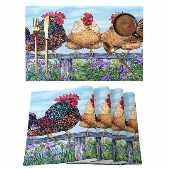 Retro Rooster Placemats Set of 1, Vintage Animals Spring Floral Pastoral Farmhouse Non-Slip Place Mats Washable Table Mats for Kitchen Dining Table Decorations Indoor/Outdoor
