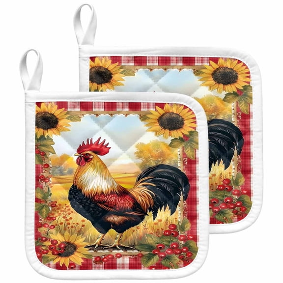 Retro Rooster Pot Holders for Kitchen Heatproof Potholder, 2 Pack Yellow Sunflower Red Plaid Farmhouse Hot Pads Multipurpose Oven Pads Cloth Potholders Trivet for Cooking and Baking