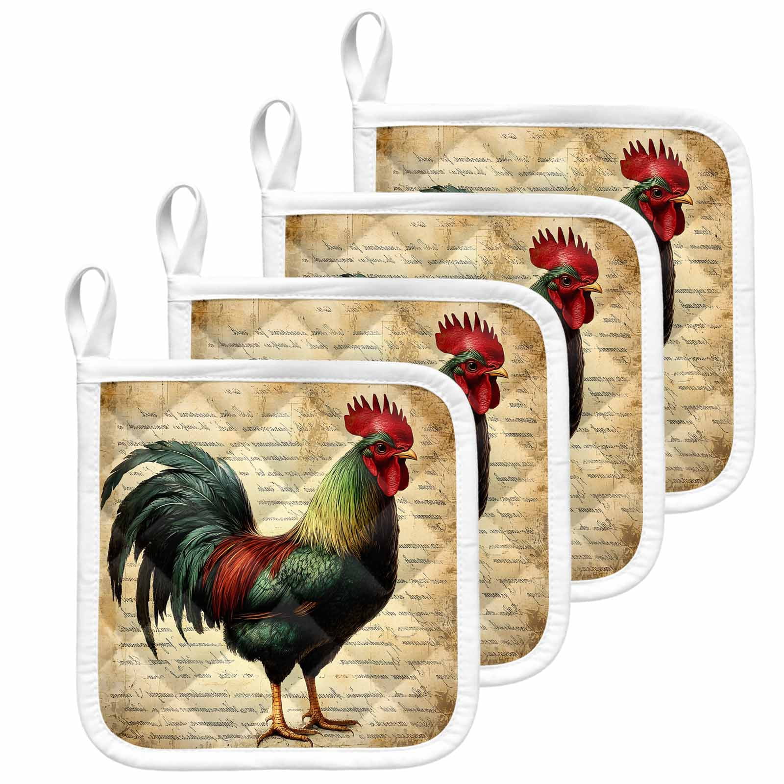 Retro Rooster Pot Holders for Kitchen Heatproof Potholder, 4 Pack Farmhouse Vintage Animal Watercolor Hot Pads Multipurpose Oven Pads Cloth Potholders Trivet for Cooking and Baking