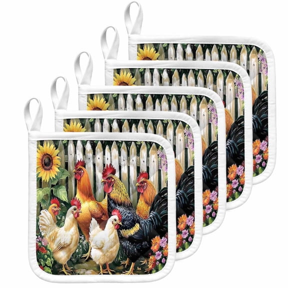 Retro Rooster Pot Holders for Kitchen Heatproof Potholder, 5 Pack Farmhouse Watercolor Animals Floral Hot Pads Multipurpose Oven Pads Cloth Potholders Trivet for Cooking Baking