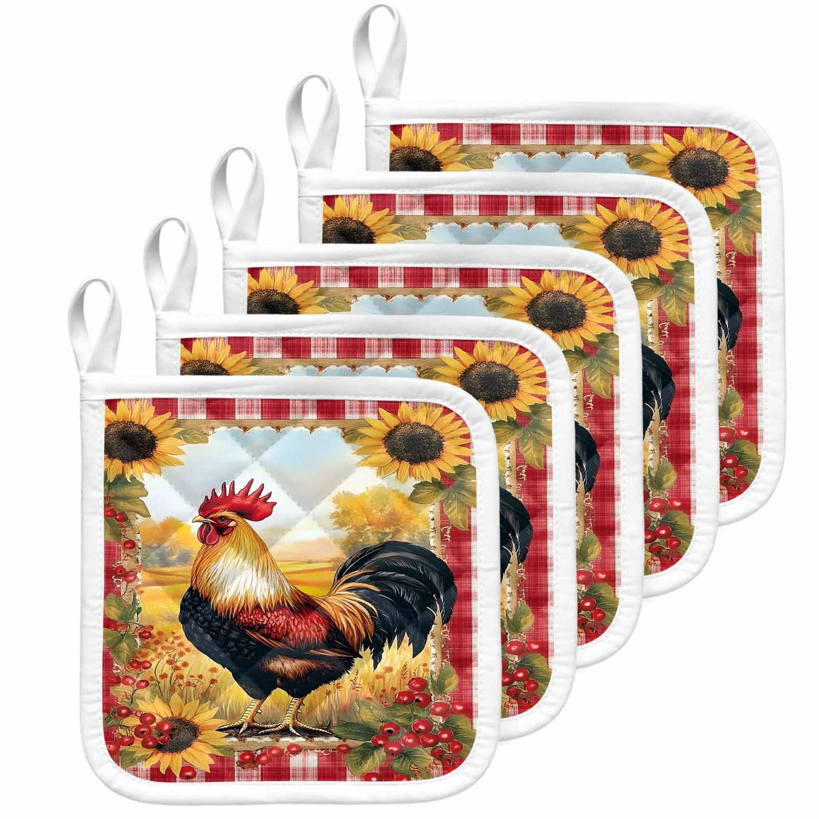 Retro Rooster Pot Holders for Kitchen Heatproof Potholder, 5 Pack Yellow Sunflower Red Plaid Farmhouse Hot Pads Multipurpose Oven Pads Cloth Potholders Trivet for Cooking Baking