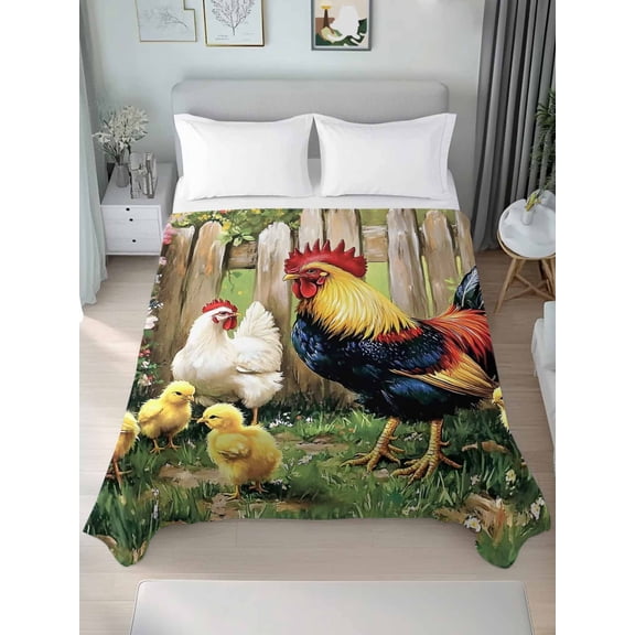 Retro Rooster Queen Size Flat Sheet, Wrinkleproof & Fadeproof Cooling Flat Bed Sheet Only, Farmhouse Animals Watercolor Floral Breathable Soft Bedding Top Sheets 90 x 102 Inches
