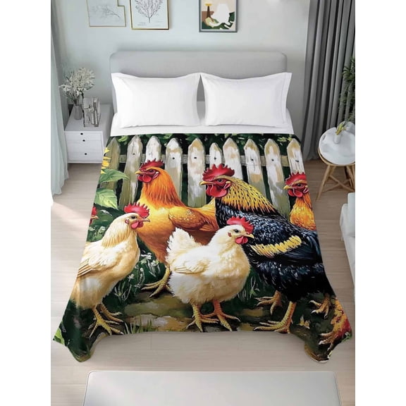 Retro Rooster Queen Size Flat Sheet, Wrinkleproof & Fadeproof Cooling Flat Bed Sheet Only, Farmhouse Watercolor Animals Floral Breathable Soft Bedding Top Sheets 90 x 102 Inches