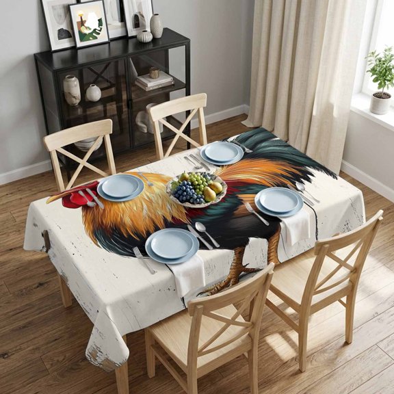 Retro Rooster Rectangle Tablecloth 52x70 Inch White Wood Grain Waterproof Polyester Tablecloth for Dining Table, Washable Table Cover for Kitchen Dining Room Wedding Decoration,Stain Resistant