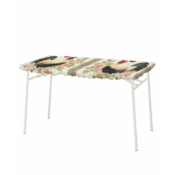 Retro Rooster Rectangle Tablecloth, Waterproof Elastic Fitted Table Covers for 8 Foot Tables, 32x96inch Decorative Tablecloths for Picnic, Camping, Indoor, Outdoor, Watercolor Animals Spring Flower