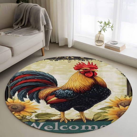 Retro Rooster Round Area Rug 4ft, Yellow Sunflower Summer Flowers Washable Non-Slip Circle Rugs for Bedroom Living Room Kitchen, Soft Non Shedding Circle Carpet for Dining Room Dorm