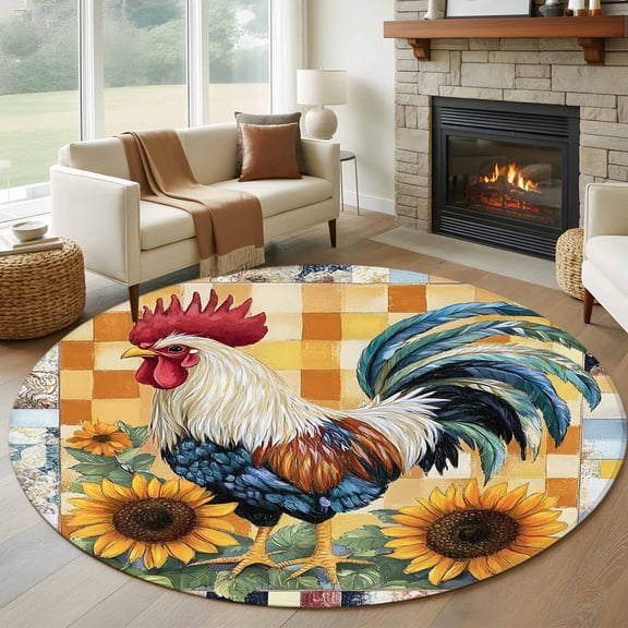 Retro Rooster Round Rug 5ft Washable Circle Kitchen Rugs Non Slip Farmhouse Sunflower Animals Plaid Large Area Rug Indoor Floor Carpet for Bedroom Living Room Home Office Dining Room Nursery