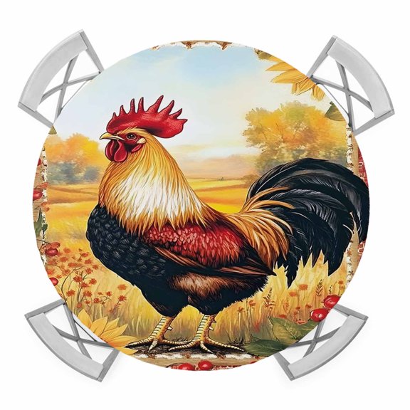 Retro Rooster Round Tablecloth for 36-44 Inch Tables,Fitted Table Cover with Elastic Edge,Yellow Sunflower Red Plaid Farmhouse Waterproof Outdoor Table Cloth Protector for Patio Garden Dinner Picnic