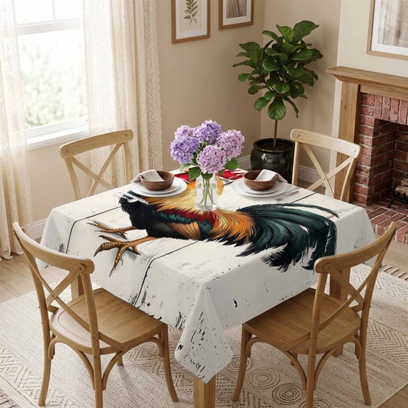 Retro Rooster Square Tablecloth 54x54 Inch White Wood Grain Waterproof Polyester Tablecloth for Dining Table, Washable Table Cover for Kitchen Dining Room Wedding Decoration,Stain Resistant