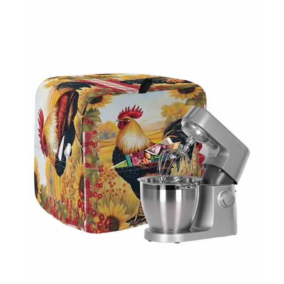 Retro Rooster Stand Mixer Dust Cover with Storage Pocket & Handles, Yellow Sunflower Red Plaid Farmhouse Fits All Tilt Head & Bowl Lift Kitchen Appliance Cover Organizer Bag Accessories, 4.5-5 Quart