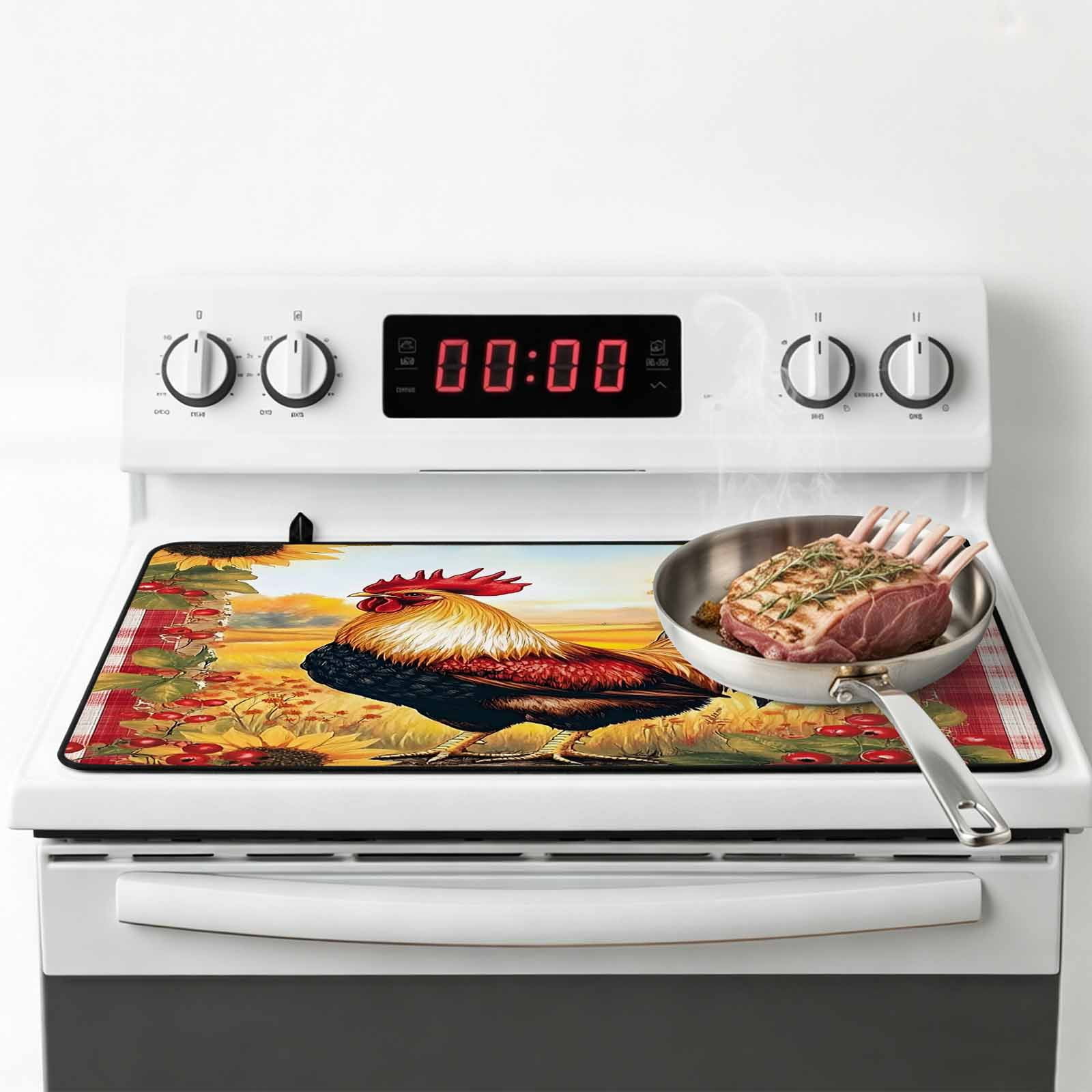 Retro Rooster Stove Top Cover for Electric Stove, Heat-proof & Non Slip Glass Top Stove Cover Protector, Yellow Sunflower Red Plaid Farmhouse Kitchen Flat Cooktop Rubber Mat 24x21 Inches