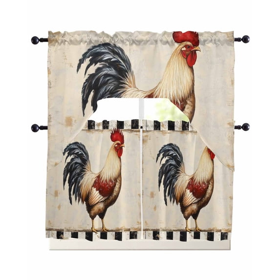 Retro Rooster Swag Kitchen Curtains Sets for Windows 24 Inch Length, Watercolor Pastoral Animals Buffalo Short Window Curtain Panels Swags Valances and Tiers 3 Piece Set for Cafe/Dining Room
