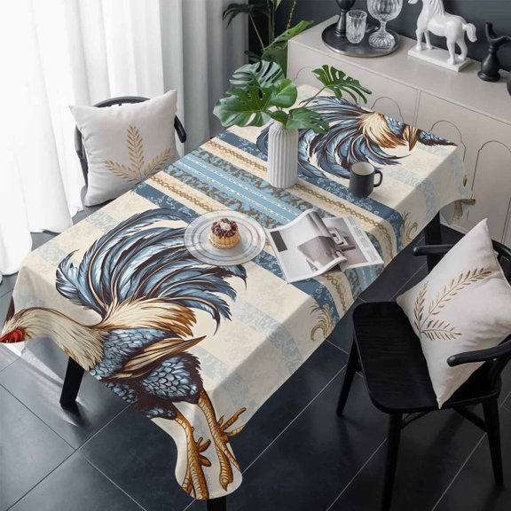 Retro Rooster Table Cloth Waterproof Tablecloths, Striped Farmhouse Watercolor Animals Tablecloth Dining Table Cover for Kitchen Party Tabletop Outdoor, Rectangle Tablecloth 60x120 Inch