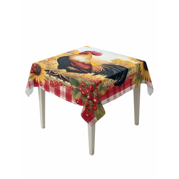 Retro Rooster Table Cloth, Yellow Sunflower Red Plaid Farmhouse Waterproof Tablecloth for Square Tables, Reusable Washable Fabric Table Cover for Restaurant Kitchen Dining Tables 60"x60"