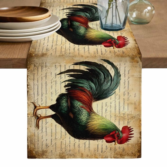 Retro Rooster Table Runner, Farmhouse Vintage Animal Watercolor Washable Cotton Linen Table Runners 48 Inches Long, Dresser Scarf Runner for Nightstand/Coffee/End Tables 13''x48''