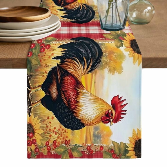 Retro Rooster Table Runner, Yellow Sunflower Red Plaid Farmhouse Washable Cotton Linen Table Runners 36 Inches Long, Dresser Scarf Runner for Nightstand/End Tables/Round Tables 13''x36''