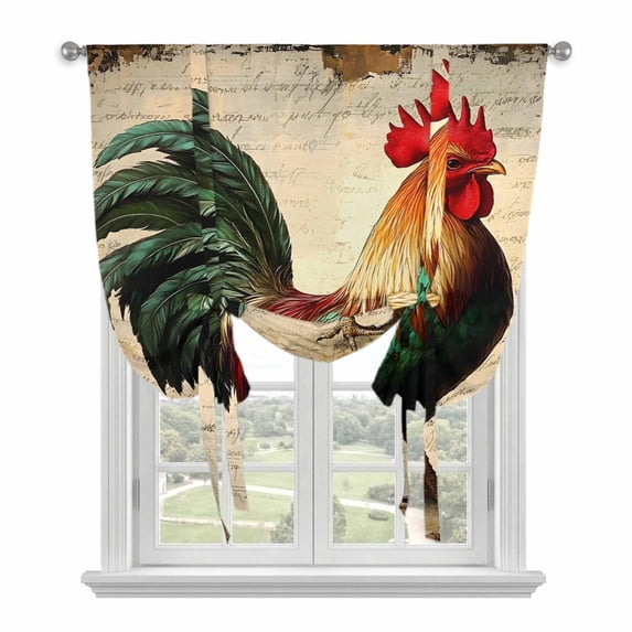 Retro Rooster Tie Up Curtain 63 Inches Long, Country Animal Newspaper Backdrop Balloon Style Kitchen Window Curtain Over Sink, Small Window Rod Pocket Curtain 52"x63"