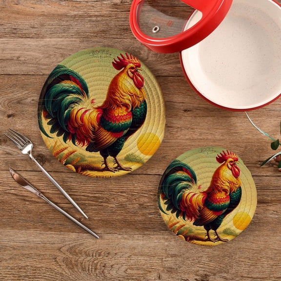 Retro Rooster Trivet Mats Set Cotton Woven Non-Slip Pot Holders Heat Resistant for Hot Pots Pans Dishes Pats