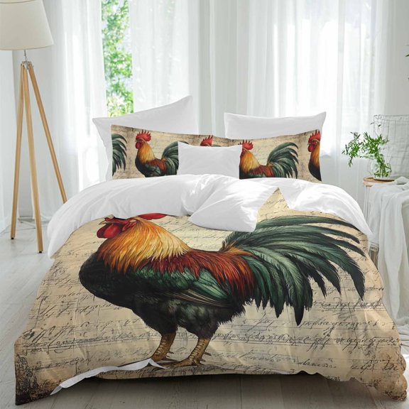 Retro Rooster Twin Duvet Cover Set, Watercolor Music Score Animal 4 Piece Microfiber Bedding Set with Zipper Closure, Bed Sheet and 2 Pillow Shams, Soft Bedding Cover
