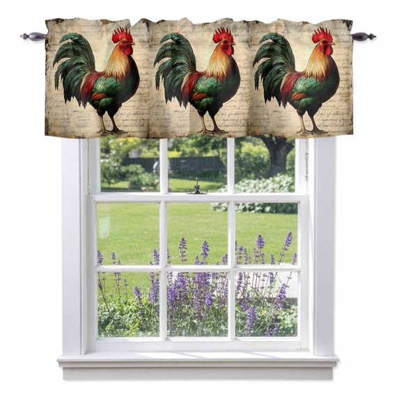Retro Rooster Valances for Windows Country Animal Newspaper Backdrop Rod Pocket Cafe Window Treatments Valance Curtains for Kitchen Bathroom Laundry Basement Windows 54"x18"
