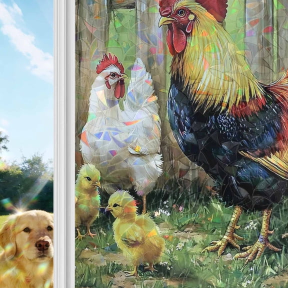 Retro Rooster Window Privacy Film Stain Glass,Reusable Decorative Rainbow Window Film,Farmhouse Animals Watercolor Floral Static Cling Sun Blocking Stickers Decals Covers 19.6" x 39.3" (2pcs)