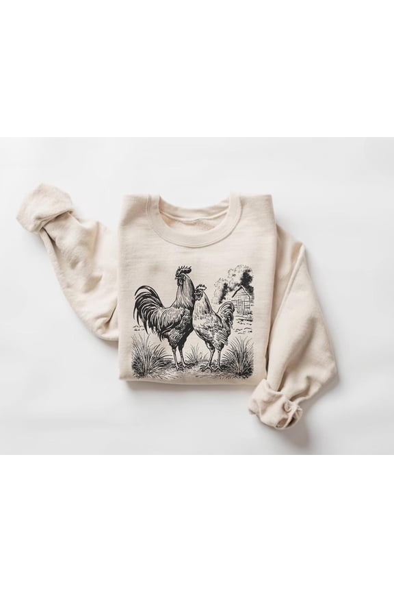 Retro Rooster and Hen Crewneck Sweatshirt, Chicken Sweater, Farm Animal Graphic, Farmhouse Apparel530 Sweatshirt All Size S-5XL