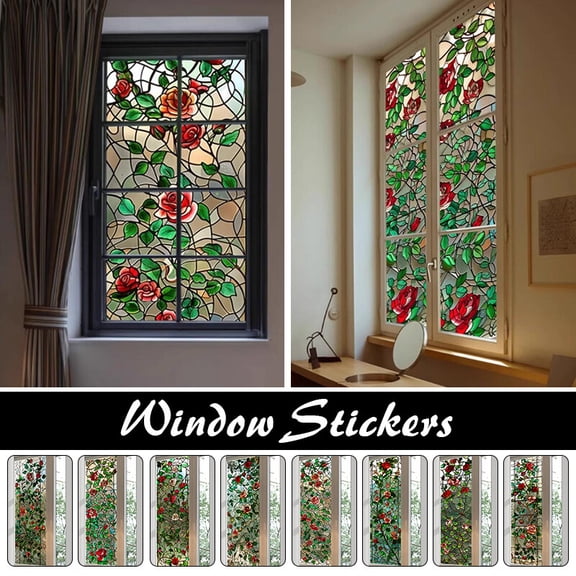 Retro Rose Printed Stained Glass Window Film, Static Cling Decorative Floral Privacy Sticker, Removable Vinyl Window Decals for Bathroom Front Door Living Room, Heat Control Sun Blocking Glass Film