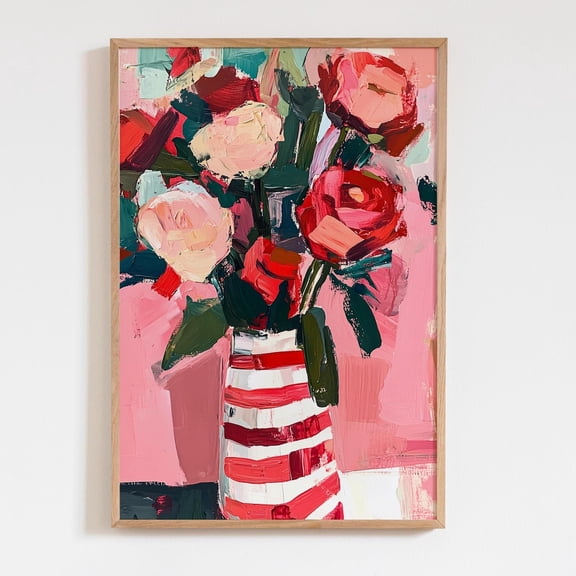 Retro Roses Wall Art Print, Pink And Red Striped Vase Floral Poster Unframed Paper Print