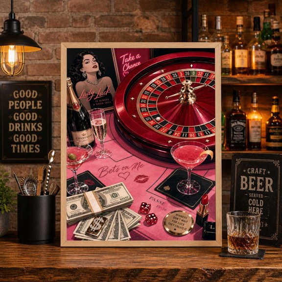 Retro Roulette Wheel Poster, Casino Table And Cocktails Art , Poster Print Only