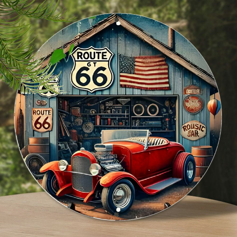 Retro Round Aluminum Wall Sign - Vintage Route 66 Garage Art with ...