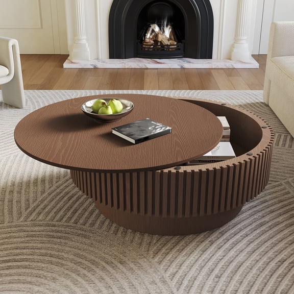 Retro Round Coffee Table, Wooden Openable Tabletop with Inner Hidden Storage, Circular Tea Table for Living Room Home Cafe, Dark Brown