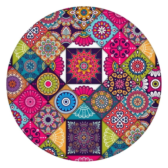 Retro Round Elastic Tablecloth - Windproof Fitted Dining Table Cover with Ethnic Floral Patterns, Easy-Clean Spill-Proof Surface for Outdoor Gatherings (72 Inches)