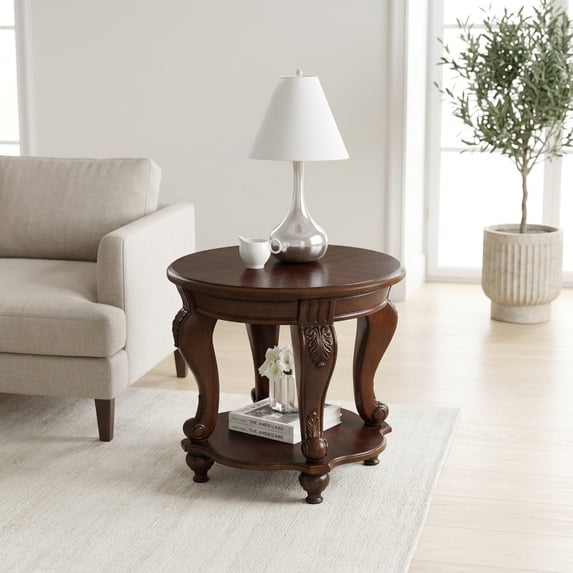 Retro Round End Table with Shelf - Distressed Cherry Finish, Solid Wood Legs