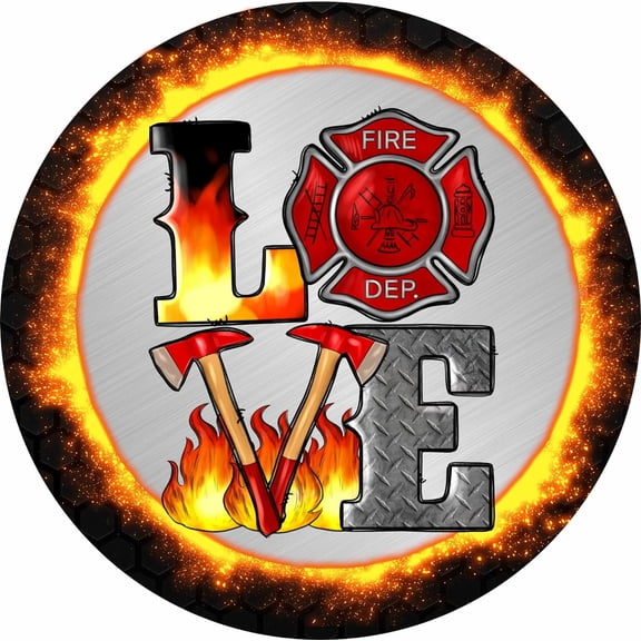 Retro Round Firefighter Love Wreath Aluminum Wall Sign, Rustic Home Porch and Kitchen Decor, 8 x 8 Inch