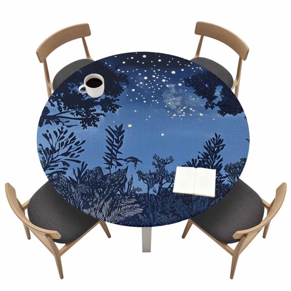 Retro Round Fitted Tablecloth with Elastic Edge Starry Sky Night Forest Tree Shadows Pastoral Table Cover Fit for 36"-44" Tables Waterproof Tablecloths for Dinner Camping Picnic
