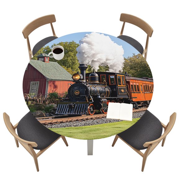 Retro Round Fitted Tablecloth Train Motor Vehicle Building Sky Grass Country Scenery Elastic Table Cloth Waterproof Oil Proof Table Cover Fits 45"-54" Round Tables for Party Picnic Dinner Decor