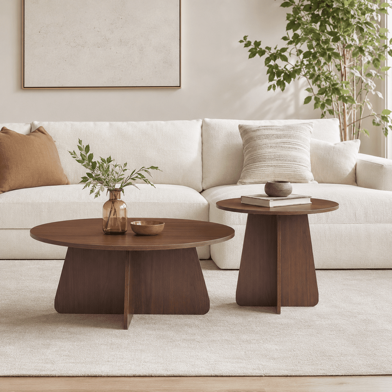Retro Round Nesting Coffee Table Set of 2, MDF Wood Grain Veneer Stackable Side Tables with Crisscross Legs, Space Saving Accent Table for Living Room Dining Room Small Apartment