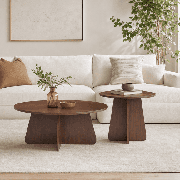 Retro Round Nesting Coffee Table Set of 2, MDF Wood Grain Veneer Stackable Side Tables with Crisscross Legs, Space Saving Accent Table for Living Room Dining Room Small Apartment