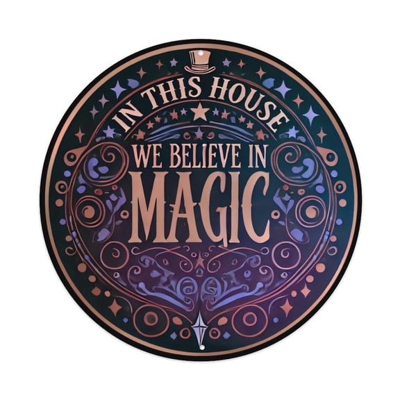 Retro Round Ornate "In This House We Believe In Magic" Metal Sign, 8 Inch Mystical Starry Themed Wall Decor Plaque, Pre-Drilled Holes for Easy Mounting, Fantasy Lover Gift