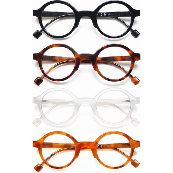 Retro Round Reading Glasses for Women/Men, 4 Pack Lightweight Blue Light Blocking Readers
